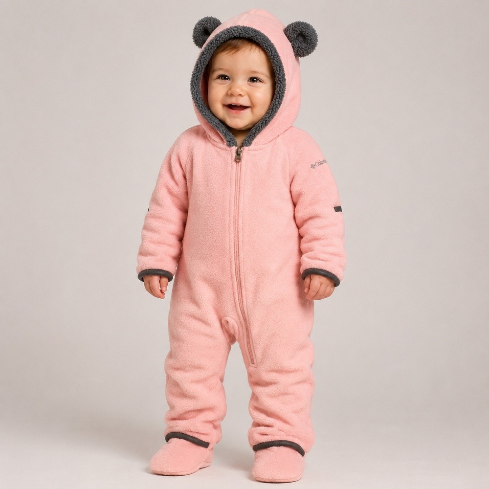 Columbia Western Barlow Fleece Bunting Pink Bear Hood 12-18 Months